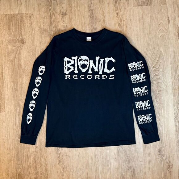 Bionic Records Long Sleeve Shirt Skull Graphic Black Medium Gildan Heavy Cotton - Picture 1 of 5
